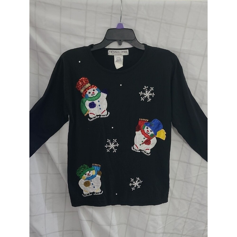 Victoria Jones Womens Petite Small Black Long Sleeve Snowman Sequin Holiday Tee